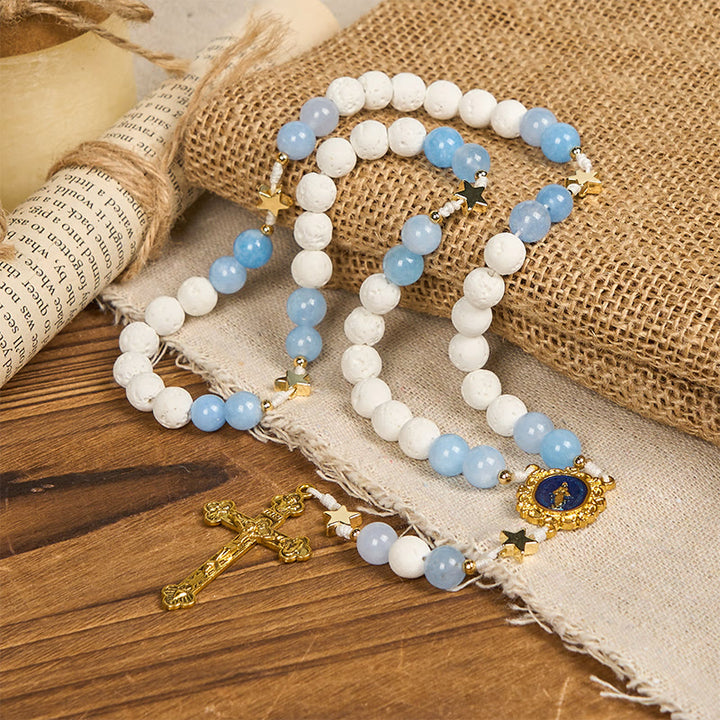 Christianartworkshop Starry Divine Handmade Rosary: Blue Agate Beads and Celestial Golden Accents