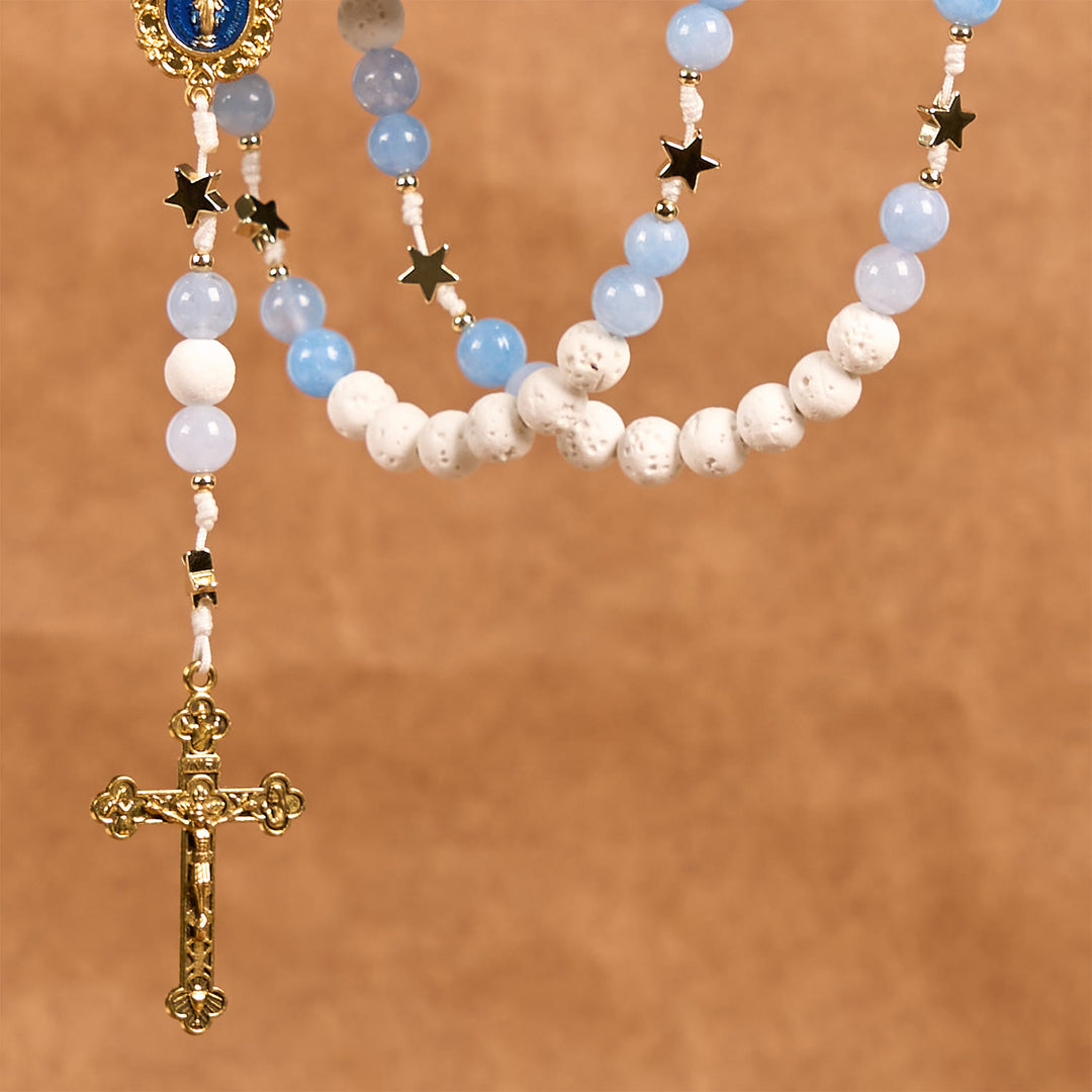 Christianartworkshop Starry Divine Handmade Rosary: Blue Agate Beads and Celestial Golden Accents