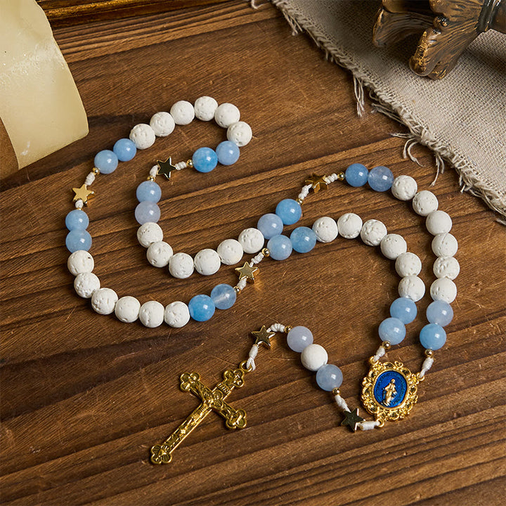 Christianartworkshop Starry Divine Handmade Rosary: Blue Agate Beads and Celestial Golden Accents