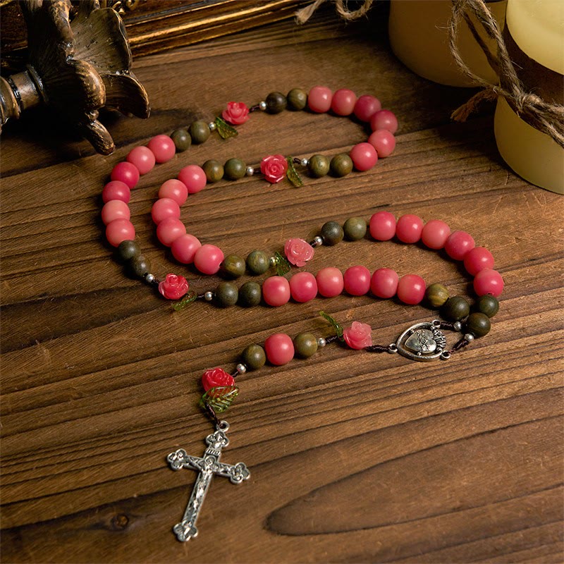 Christianartworkshop Handmade Floral Rosary with Green Sandalwood & Peachy-Pink Bodhi Seed Beads – A Floral Tribute to the Sacred Heart