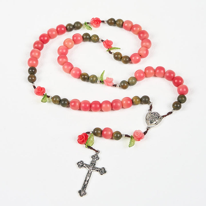 Christianartworkshop Handmade Floral Rosary with Green Sandalwood & Peachy-Pink Bodhi Seed Beads – A Floral Tribute to the Sacred Heart