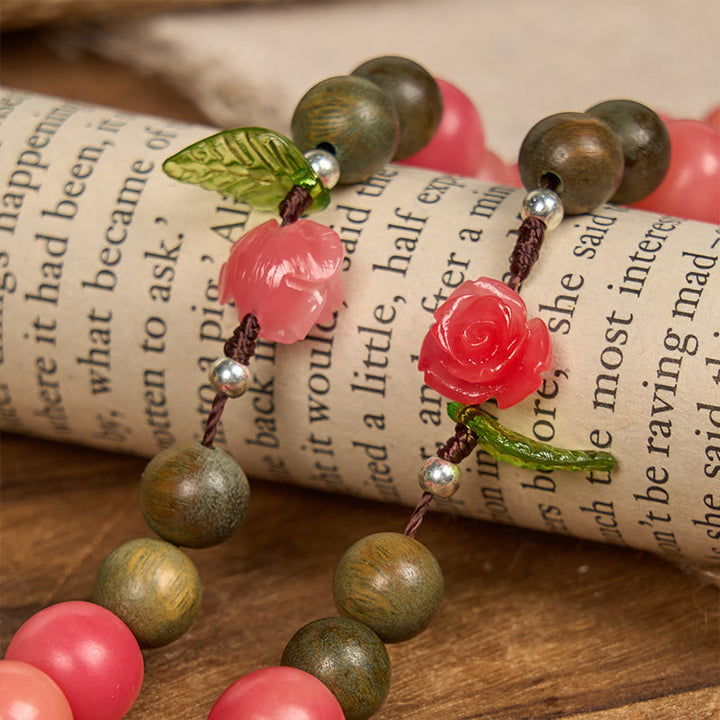 Christianartworkshop Handmade Floral Rosary with Green Sandalwood & Peachy-Pink Bodhi Seed Beads – A Floral Tribute to the Sacred Heart