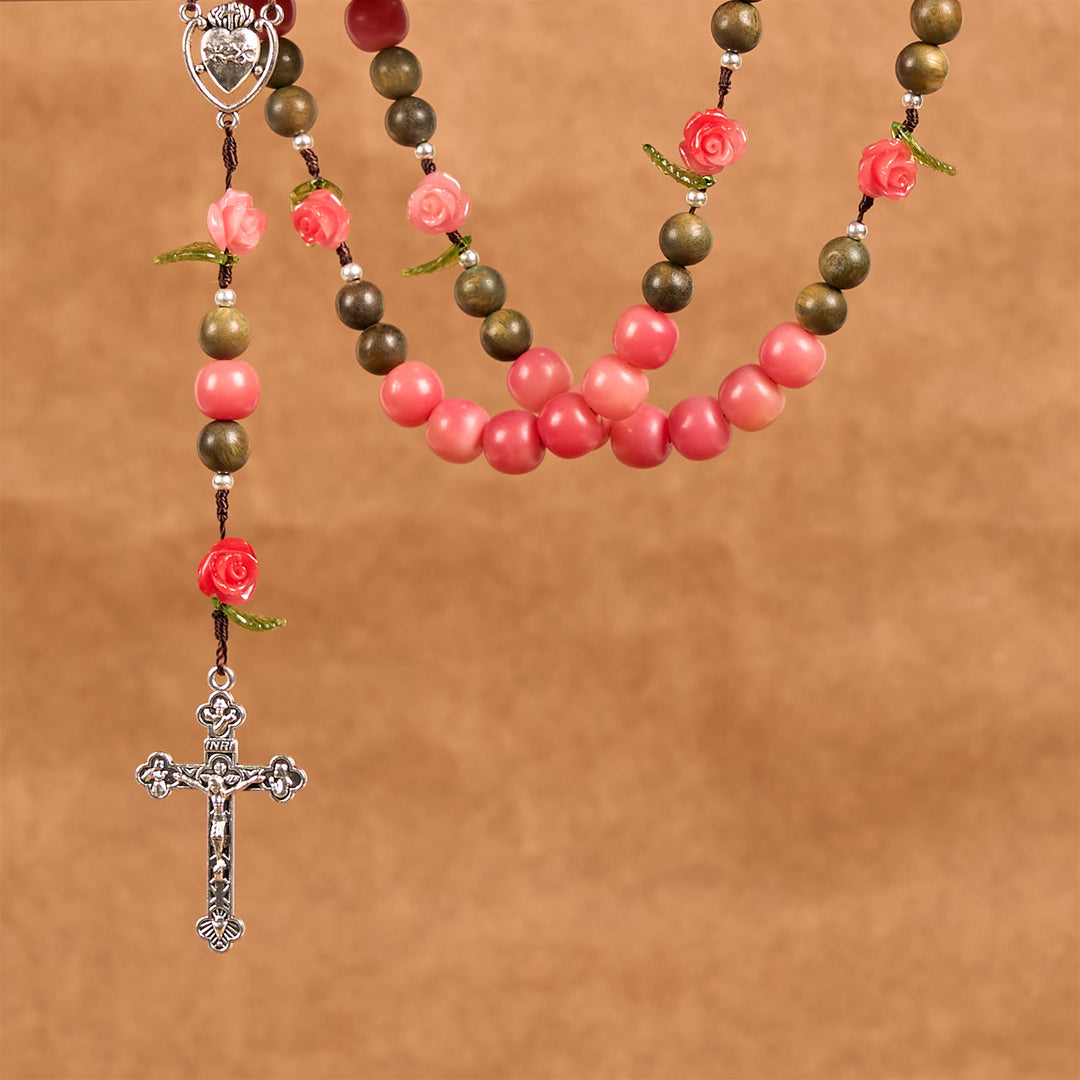 Christianartworkshop Handmade Floral Rosary with Green Sandalwood & Peachy-Pink Bodhi Seed Beads – A Floral Tribute to the Sacred Heart