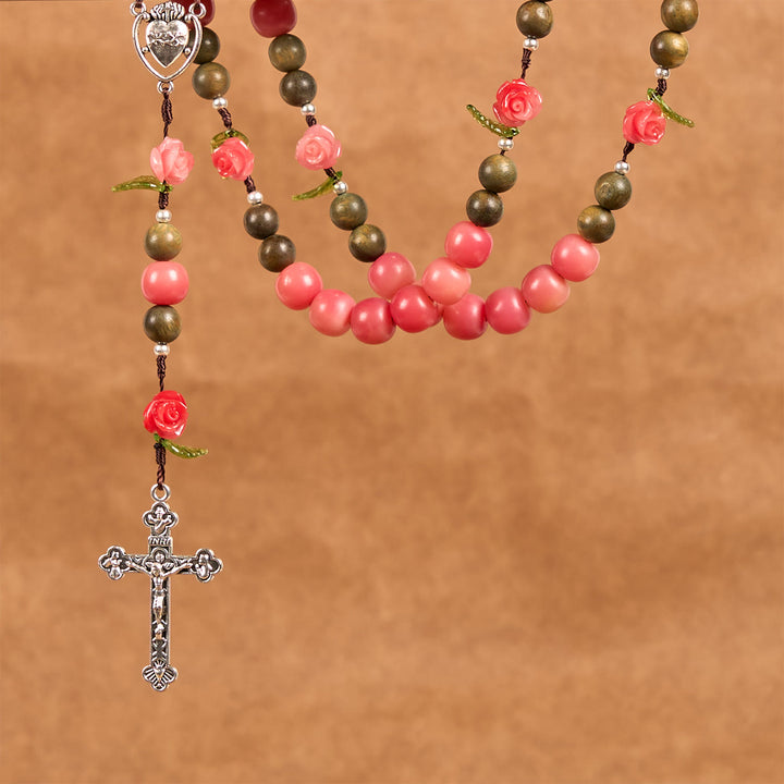 Christianartworkshop Handmade Floral Rosary with Green Sandalwood & Peachy-Pink Bodhi Seed Beads – A Floral Tribute to the Sacred Heart