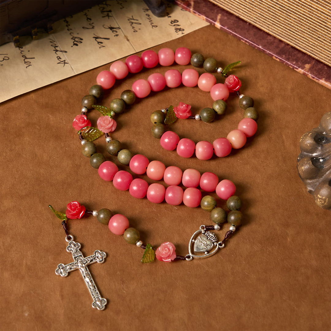 Christianartworkshop Handmade Floral Rosary with Green Sandalwood & Peachy-Pink Bodhi Seed Beads – A Floral Tribute to the Sacred Heart