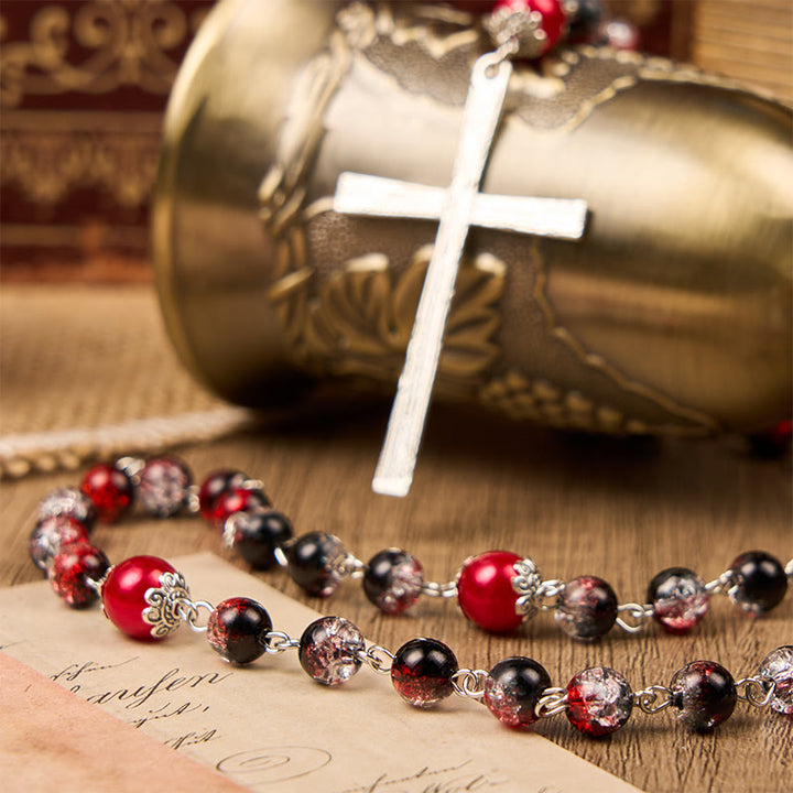 Christianartworkshop Holy Gail & Miraculous Medal of 8mm Black-red Glass Round Beads Rosary