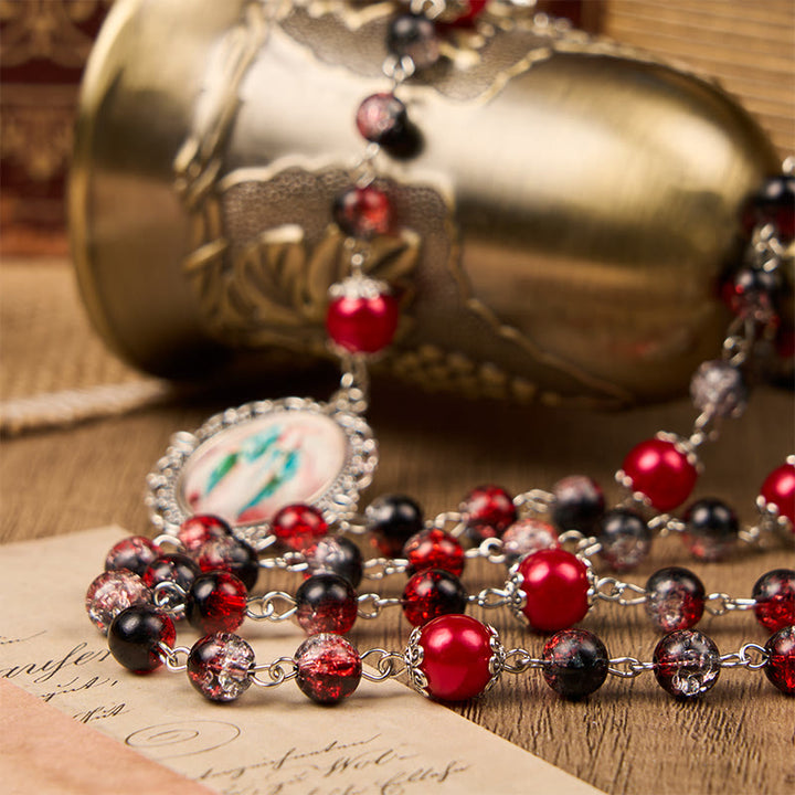 Christianartworkshop Holy Gail & Miraculous Medal of 8mm Black-red Glass Round Beads Rosary