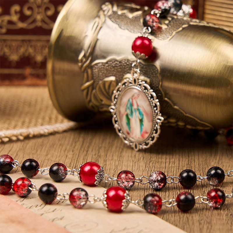 Christianartworkshop Holy Gail & Miraculous Medal of 8mm Black-red Glass Round Beads Rosary