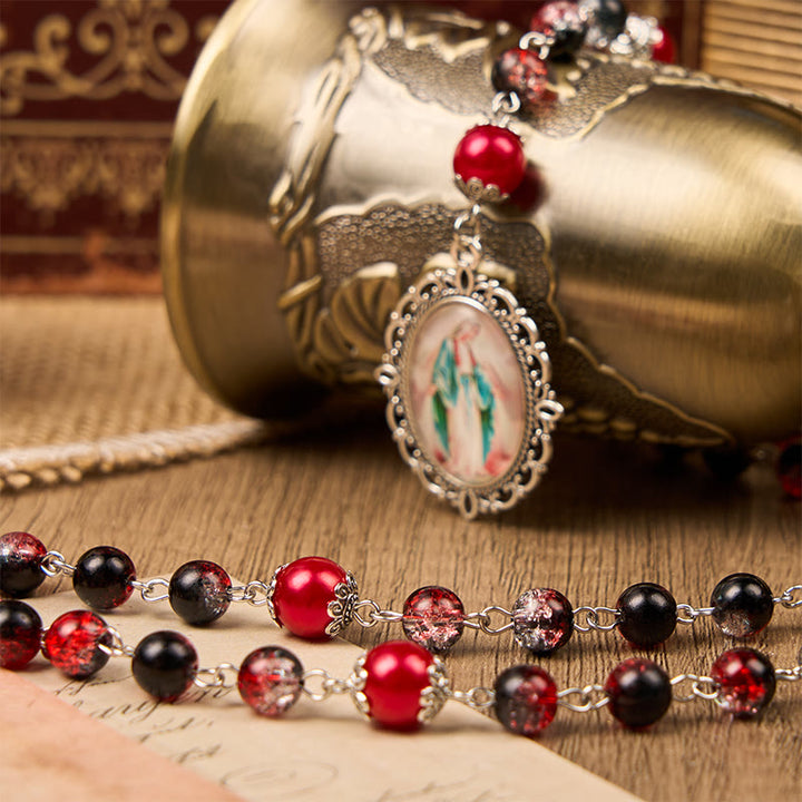 Christianartworkshop Holy Gail & Miraculous Medal of 8mm Black-red Glass Round Beads Rosary