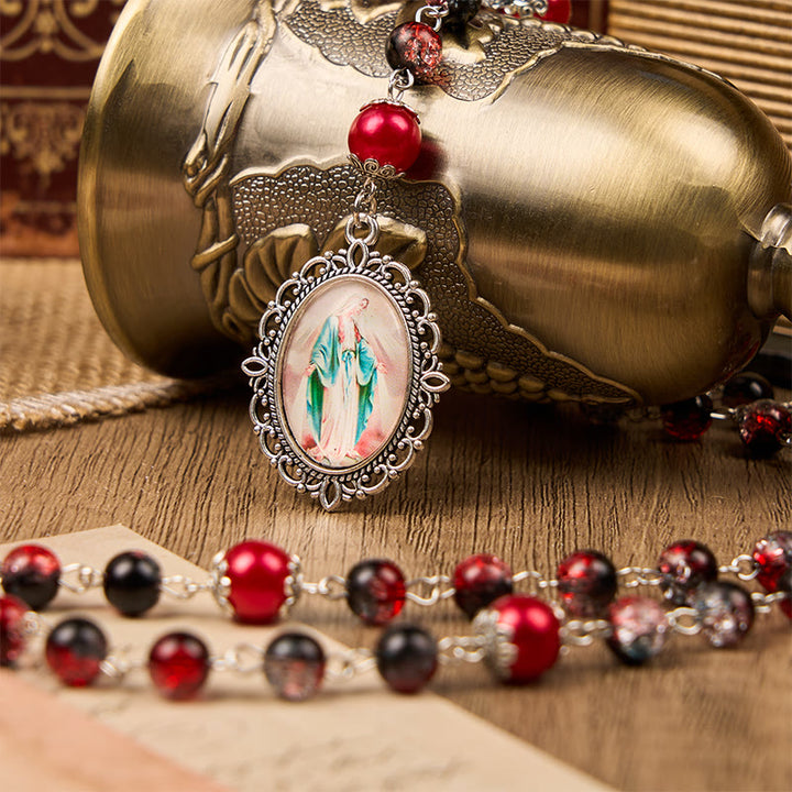 Christianartworkshop Holy Gail & Miraculous Medal of 8mm Black-red Glass Round Beads Rosary