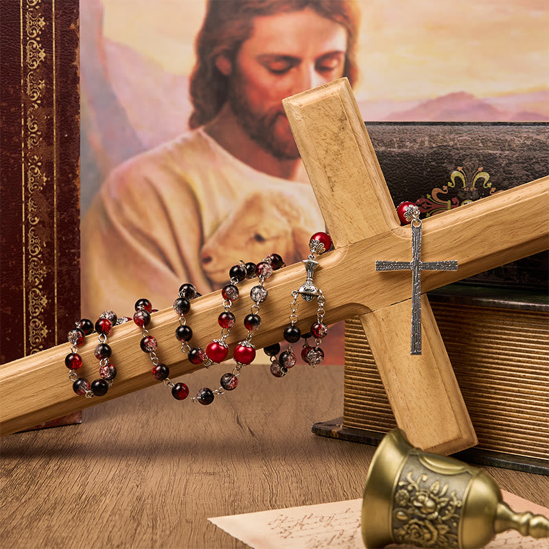 Christianartworkshop Holy Gail & Miraculous Medal of 8mm Black-red Glass Round Beads Rosary