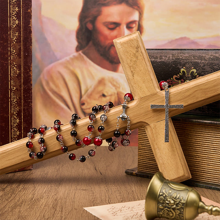 Christianartworkshop Holy Gail & Miraculous Medal of 8mm Black-red Glass Round Beads Rosary