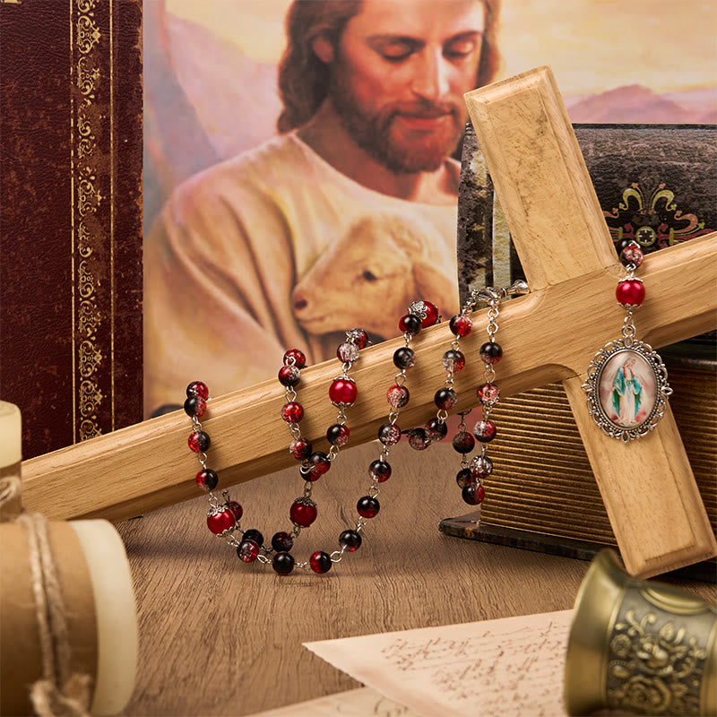Christianartworkshop Holy Gail & Miraculous Medal of 8mm Black-red Glass Round Beads Rosary