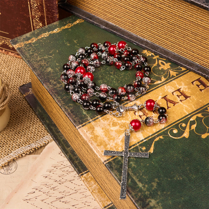 Christianartworkshop Holy Gail & Miraculous Medal of 8mm Black-red Glass Round Beads Rosary