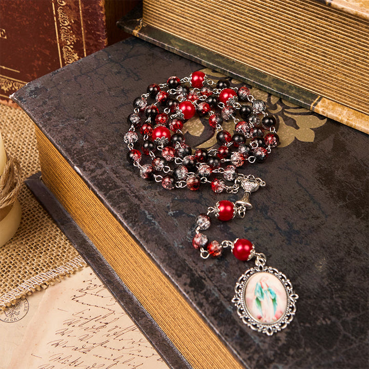 Christianartworkshop Holy Gail & Miraculous Medal of 8mm Black-red Glass Round Beads Rosary