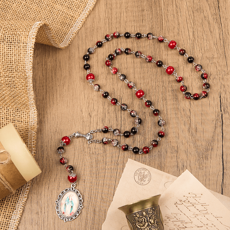 Christianartworkshop Holy Gail & Miraculous Medal of 8mm Black-red Glass Round Beads Rosary