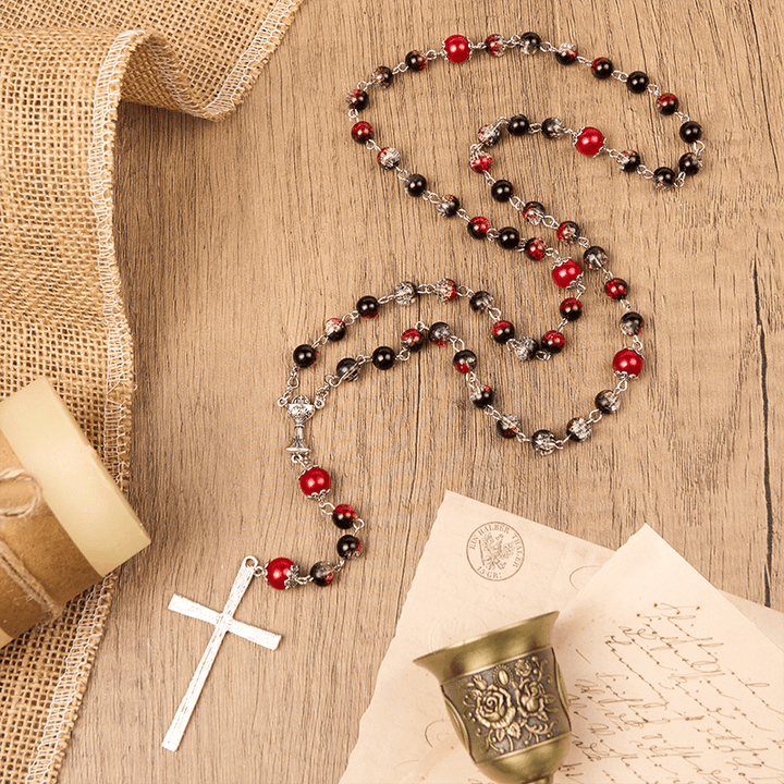 Christianartworkshop Holy Gail & Miraculous Medal of 8mm Black-red Glass Round Beads Rosary