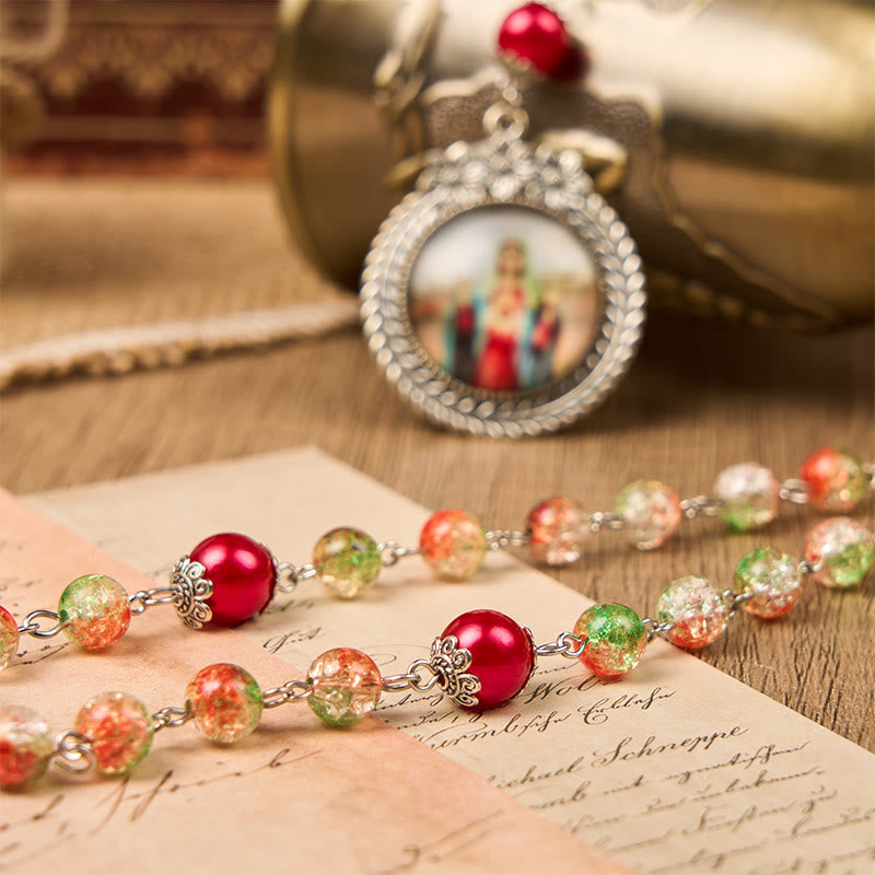 Christianartworkshop Jesus Heart & Marry Medal of 8mm Orange-green Glass Round Beads Rosary
