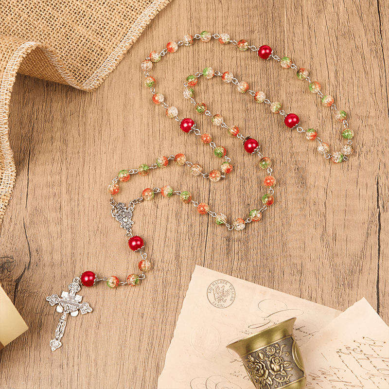 Christianartworkshop Jesus Heart & Marry Medal of 8mm Orange-green Glass Round Beads Rosary