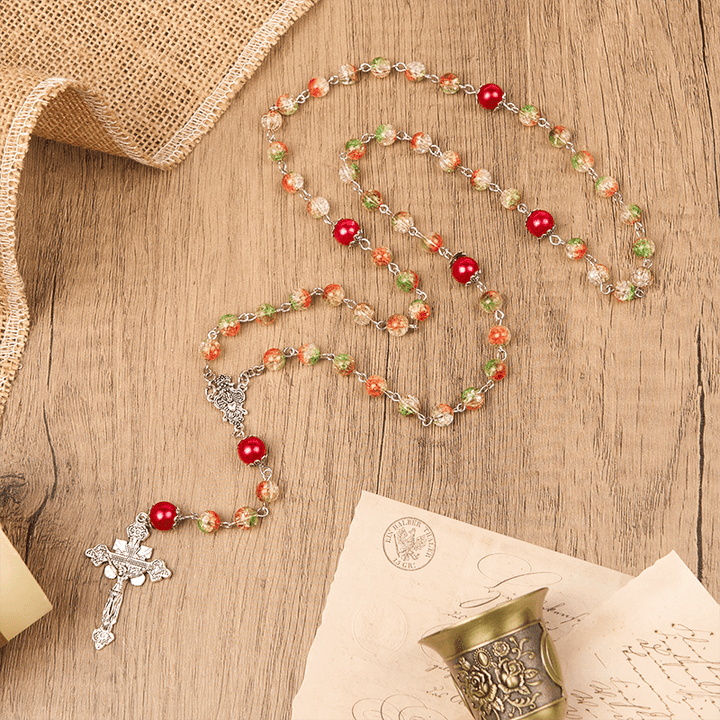 Christianartworkshop Jesus Heart & Marry Medal of 8mm Orange-green Glass Round Beads Rosary