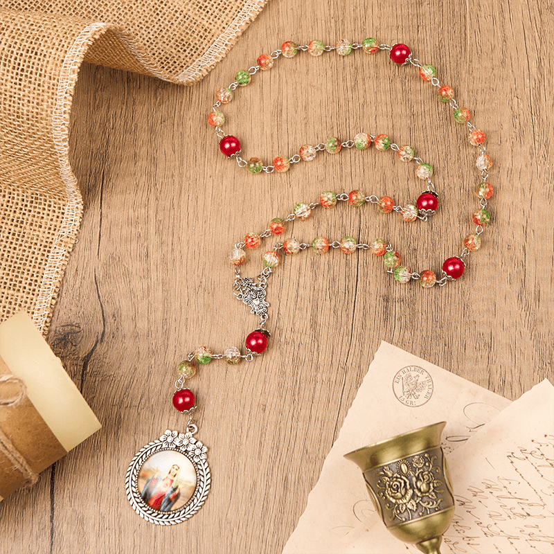 Christianartworkshop Jesus Heart & Marry Medal of 8mm Orange-green Glass Round Beads Rosary