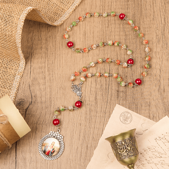 Christianartworkshop Jesus Heart & Marry Medal of 8mm Orange-green Glass Round Beads Rosary