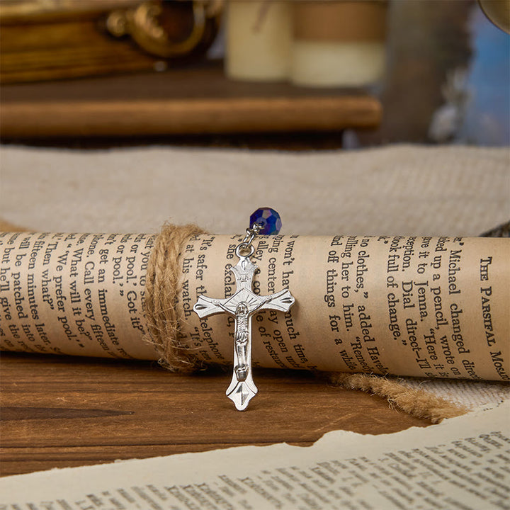 Christianartworkshop Miraculous Medal & Crucifix of 8mm Blue Sparkle Glass Round Beads Rosary