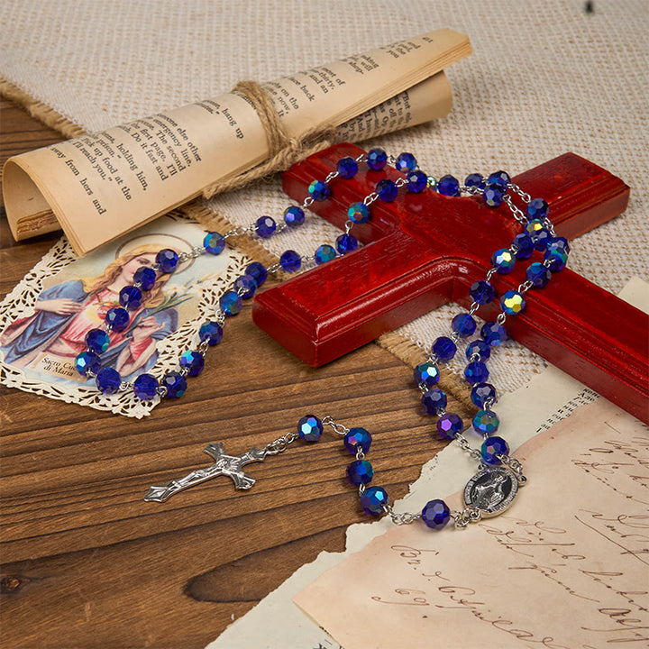 Christianartworkshop Miraculous Medal & Crucifix of 8mm Blue Sparkle Glass Round Beads Rosary