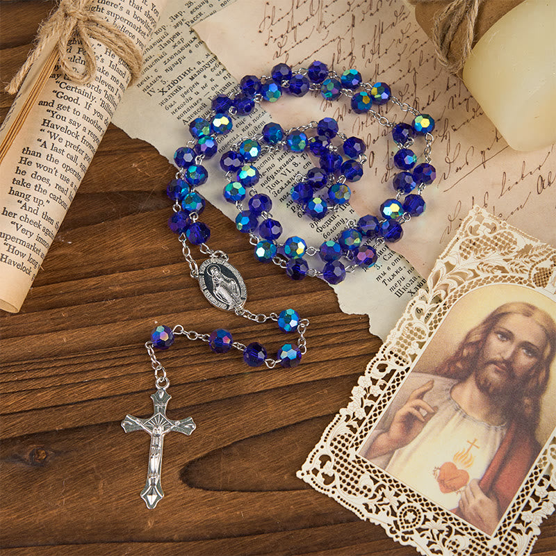 Christianartworkshop Miraculous Medal & Crucifix of 8mm Blue Sparkle Glass Round Beads Rosary