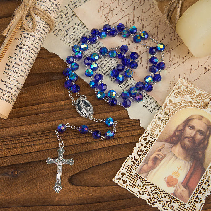 Christianartworkshop Miraculous Medal & Crucifix of 8mm Blue Sparkle Glass Round Beads Rosary