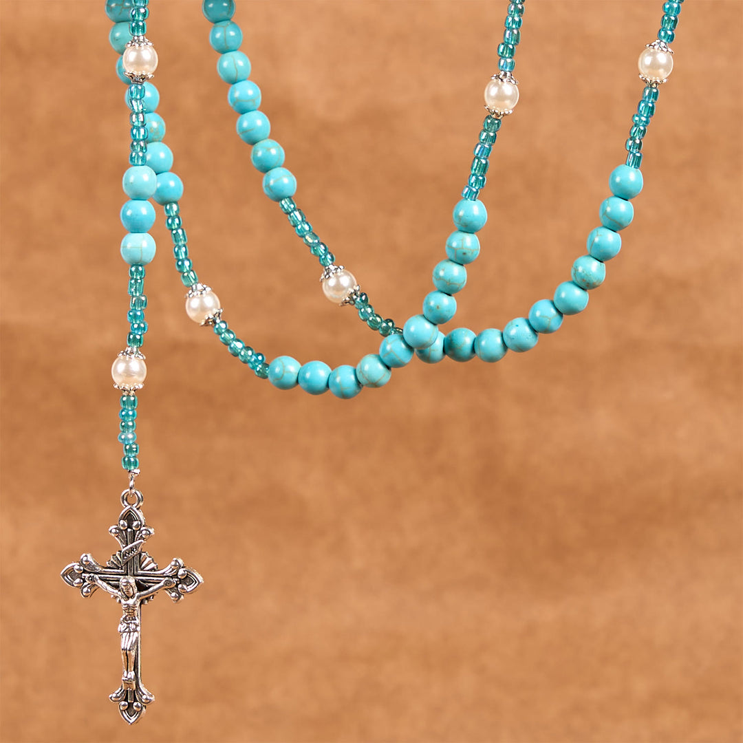 Christianartworkshop Our Lady Medal & Crucifix of 8mm Blue Turquoise Round Beads Rosary - image 2