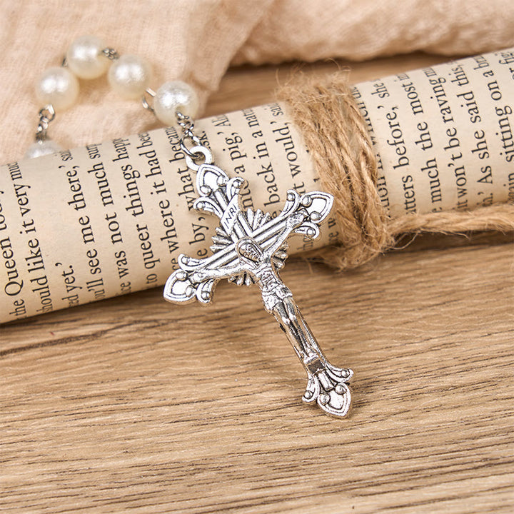 Christianartworkshop Our Lady Medal & Crucifix of 8mm White Acrylic Round Beads Rosary