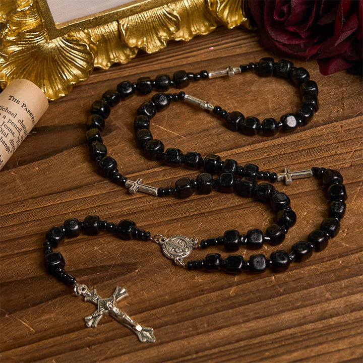 Christianartworkshop St. Benedict Medal & Crucifix of 8mm Black Wood Round Beads Rosary