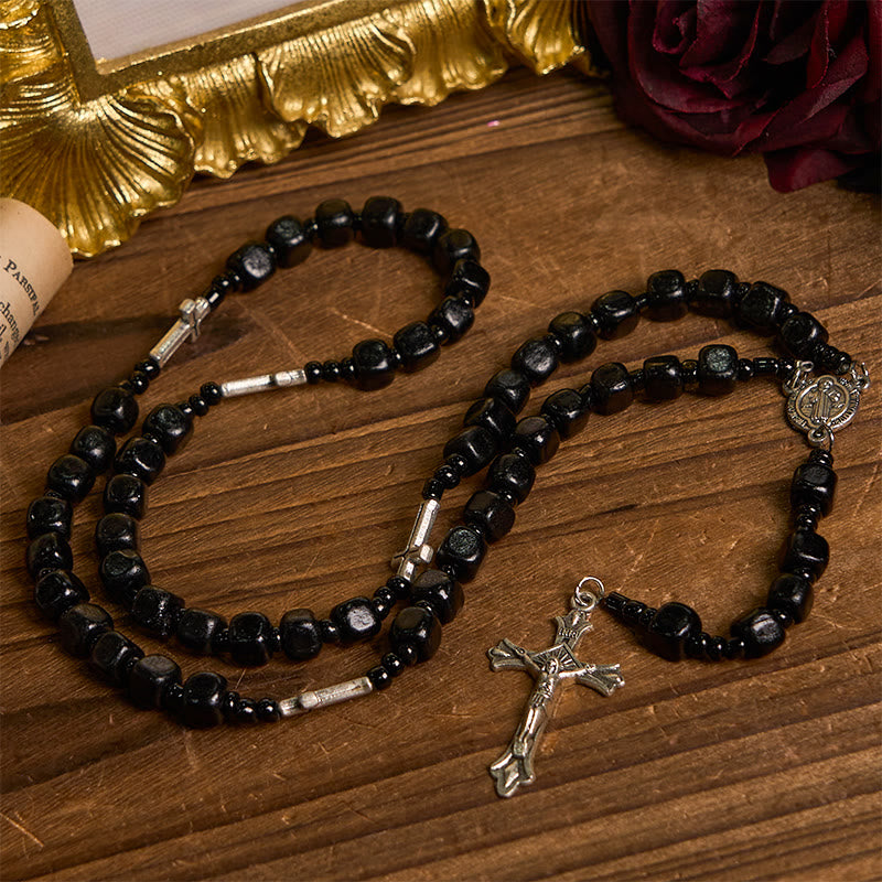 Christianartworkshop St. Benedict Medal & Crucifix of 8mm Black Wood Round Beads Rosary