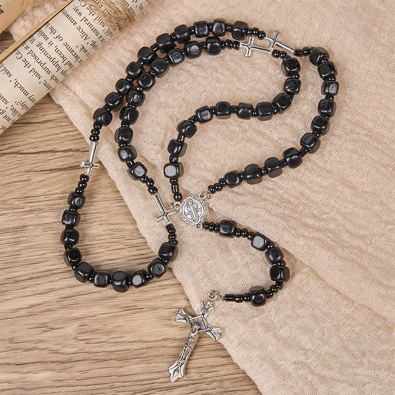 Christianartworkshop St. Benedict Medal & Crucifix of 8mm Black Wood Round Beads Rosary