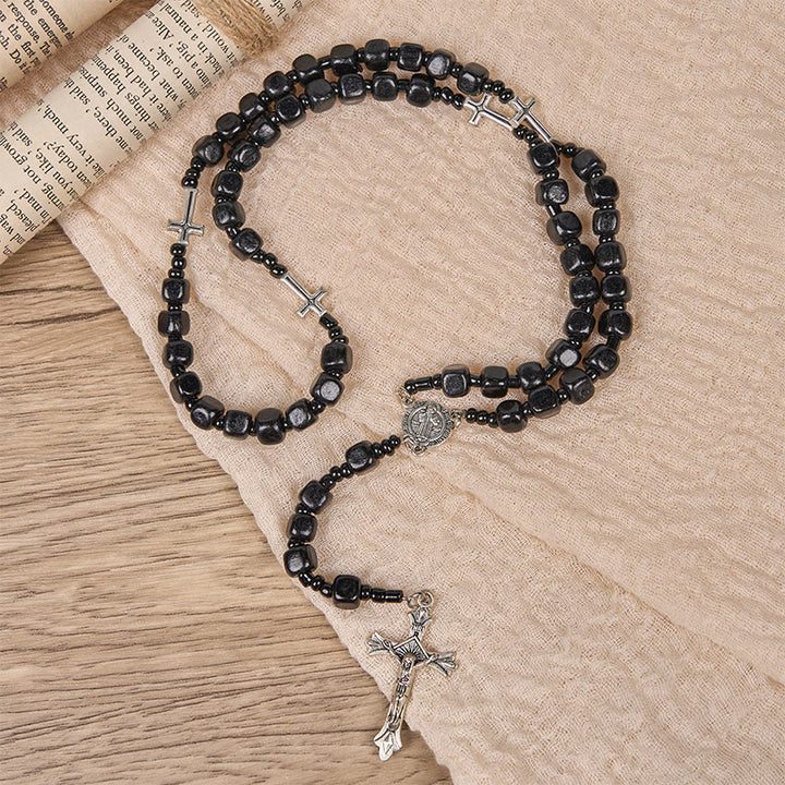 Christianartworkshop St. Benedict Medal & Crucifix of 8mm Black Wood Round Beads Rosary