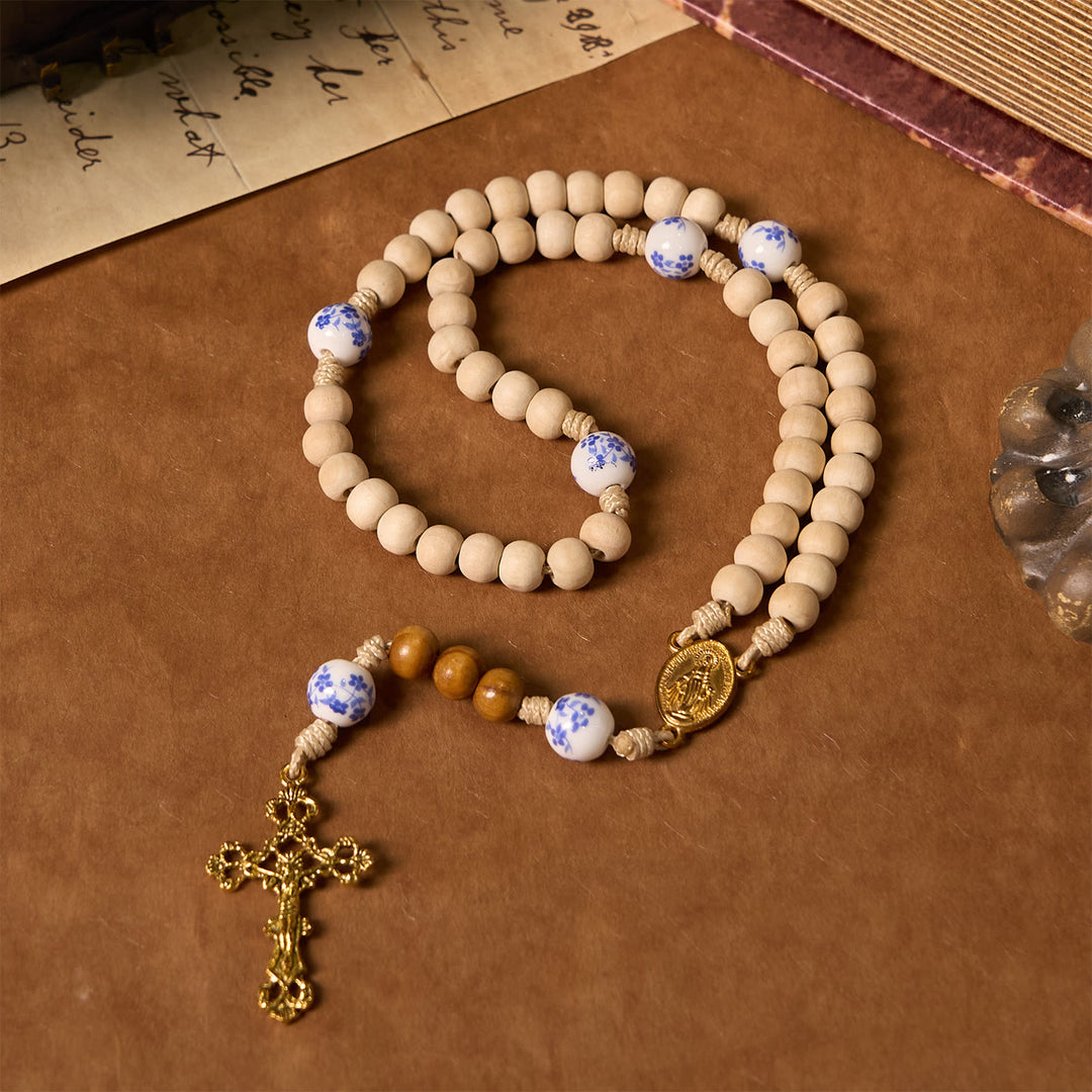Christianartworkshop Handmade Wooden Ceramics Beads Miraculous Medal & Crucifix Rosary - Wood & Ceramics - image 0