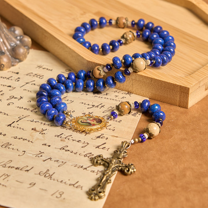 Christianartworkshop Handmade St. Therese of Lisieux Medal & Crucifix 8*10mm Oblate Lapis Lazuli & Map Stone Rosary - image 3