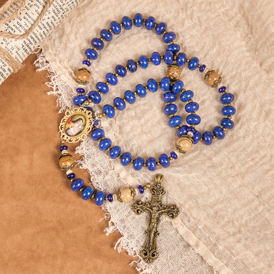 Christianartworkshop Handmade St. Therese of Lisieux Medal & Crucifix 8*10mm Oblate Lapis Lazuli & Map Stone Rosary - image 7