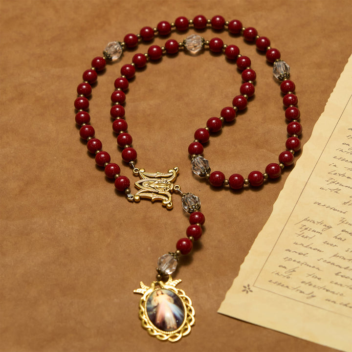 Christianartworkshop Handmade Rosary with Cinnabar Beads and Jesus Medal – A Divine Emblem of Faith's Devotion