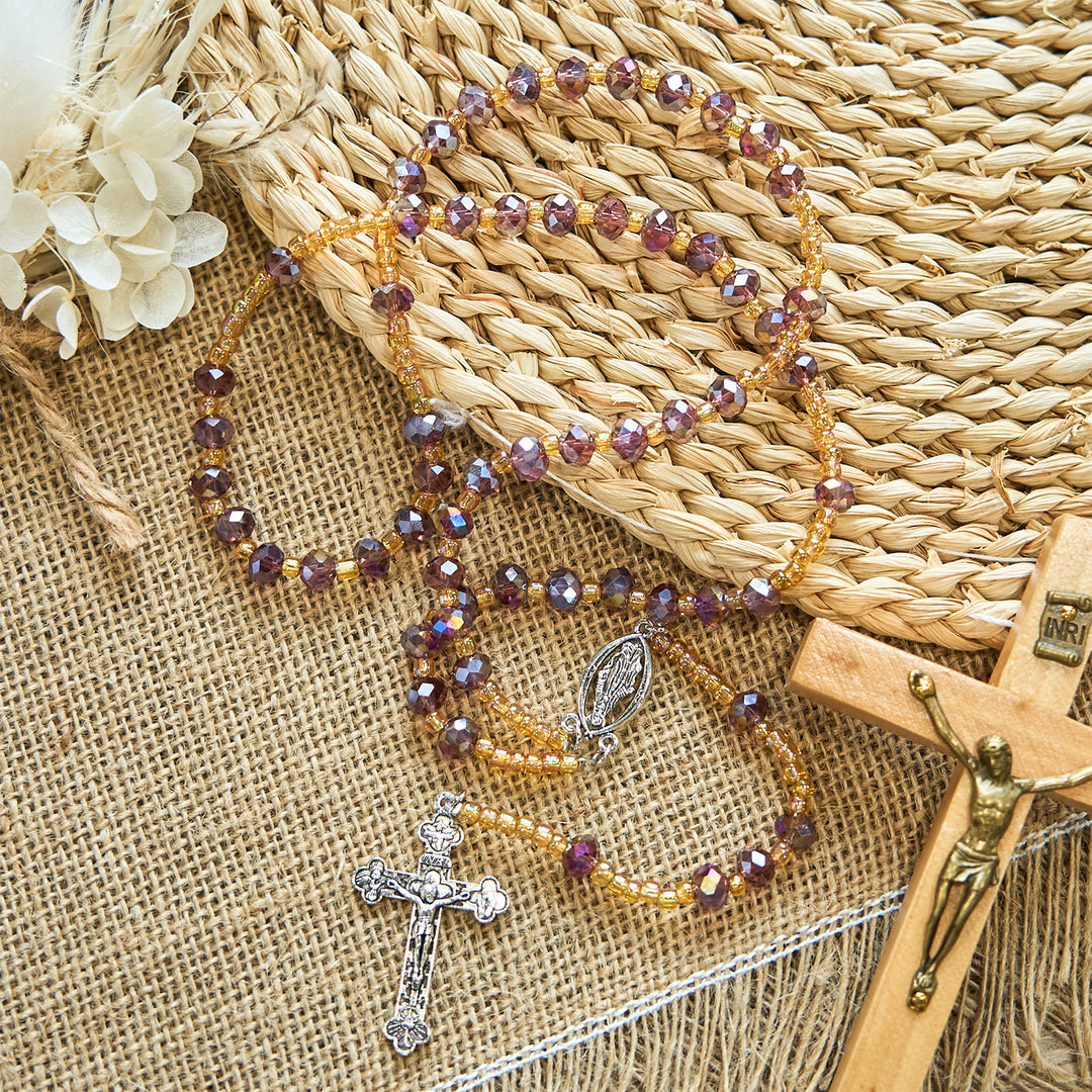 Christianartworkshop Handmade Crucifix Purple Crystal & Glass Our Lady Beads Divine Grace Rosary