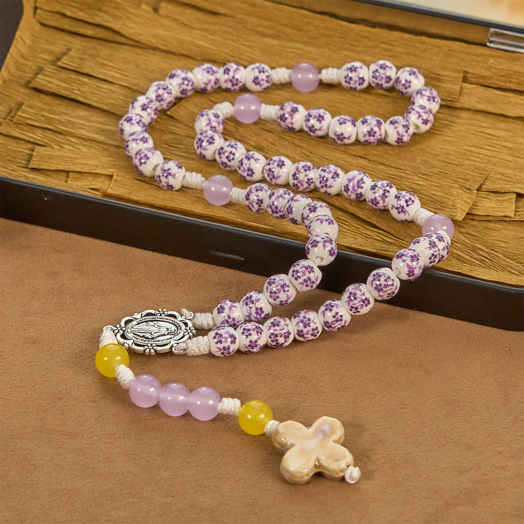 Christianartworkshop Miraculous Medal & Cross of 8mm Flower Ceramic Beads Handmade Rosary for Holy Prayer - image 3