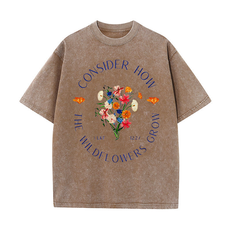 Christianartworkshop "Consider How The Wildflowers Grow" Unisex Washed T-Shirt - Coffee - 5XL - image 4