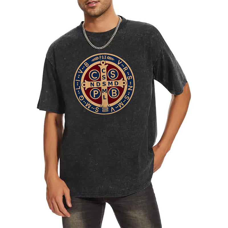 Christianartworkshop St. Benedict Medal Holy Cross Unisex Washed T-Shirt - image 10