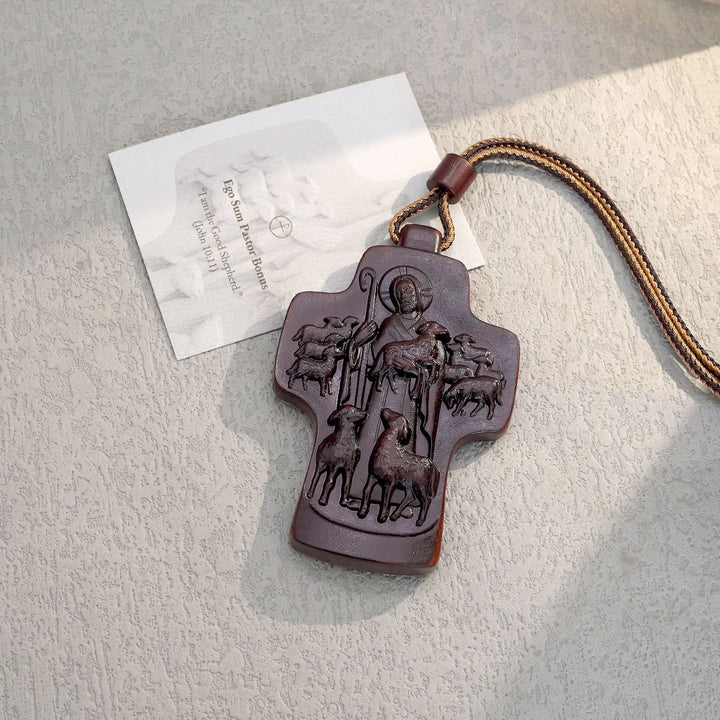 Christianartworkshop Handmade Good Shepherd Jesus With Wood Cross Necklace: A Symbol of Faith and Craftsmanship - Rosewood - image 3