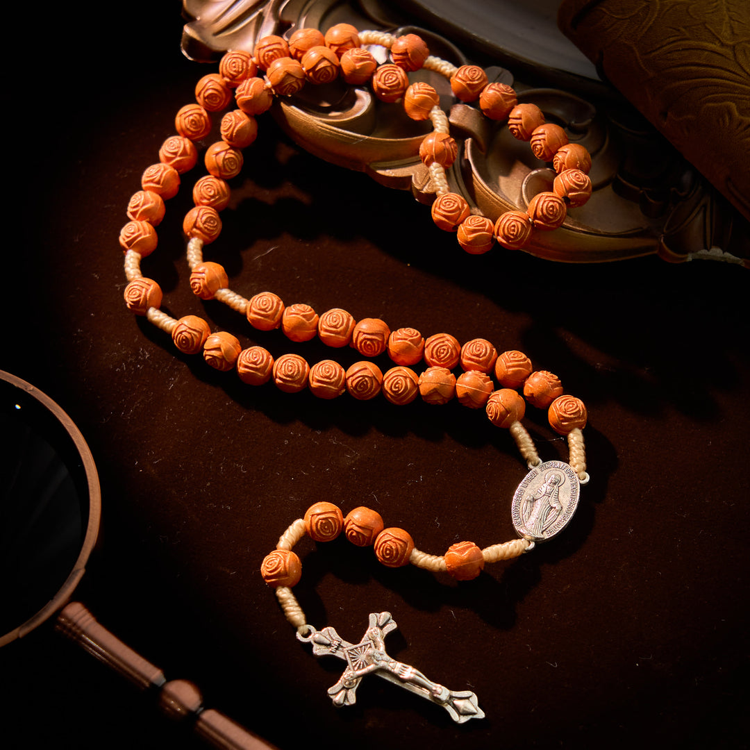 Christianartworkshop Carved Amber Floral Rose Beads Rosary with Miraculous Medal: Bloom of Devotion