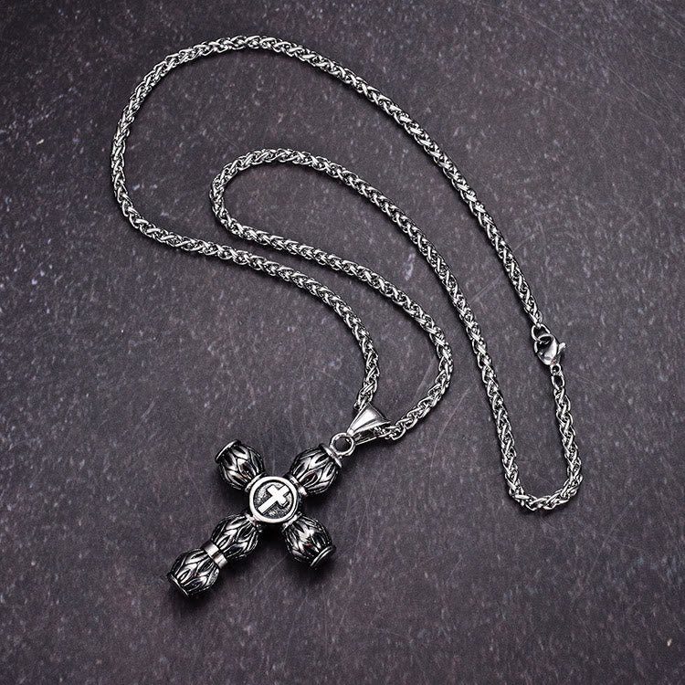 Christianartworkshop Flame-Pattern Thick Cylinder Cross Necklace with Raised Center Emblem