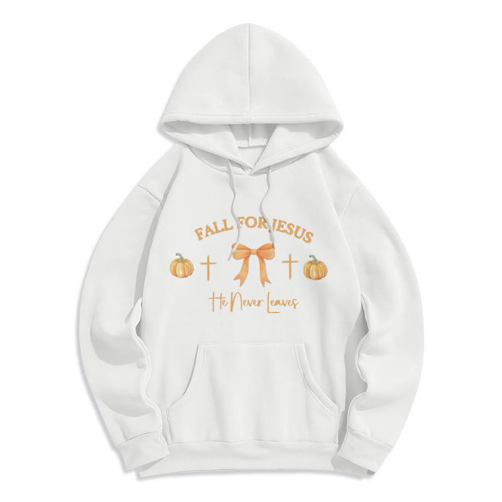 Christianartworkshop Fall For Jesus Pumpkin Cross & Bow Fleece Lined Polyester Hoodie - White - 2XL - image 3