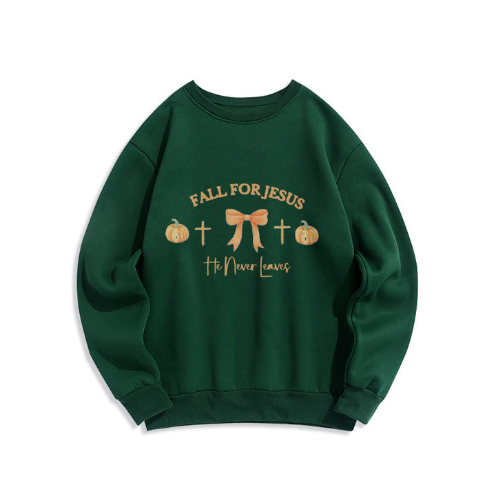 Christianartworkshop Fall For Jesus Pumpkin Cross & Bow Fleece Lined Polyester Sweatshirt - Green - 2XL - image 1