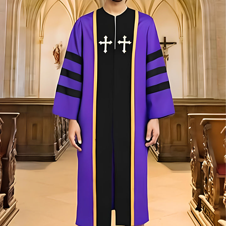 Christianartworkshop Ornate Purple Clergy Robe with Golden Cross & Striped Style - Purple - 3XL - image 0